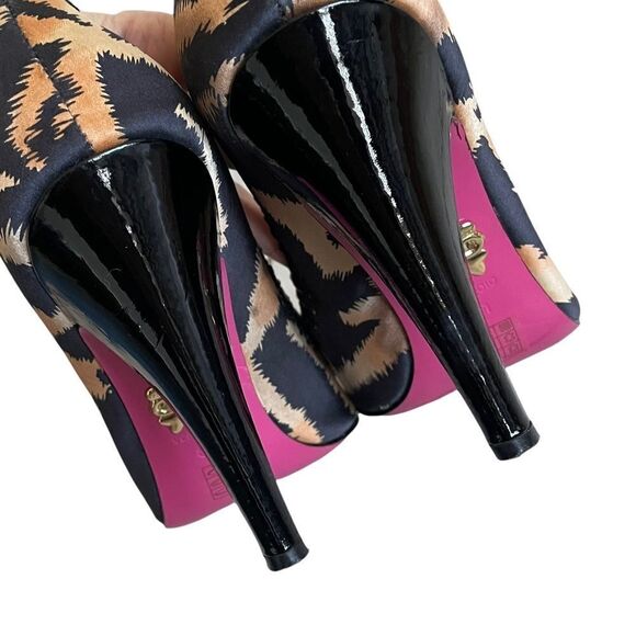 BETSY JOHNSON Leopard Print Satin Peep Toe High Heel Shoes Bow 8.5 - Picture 8 of 13